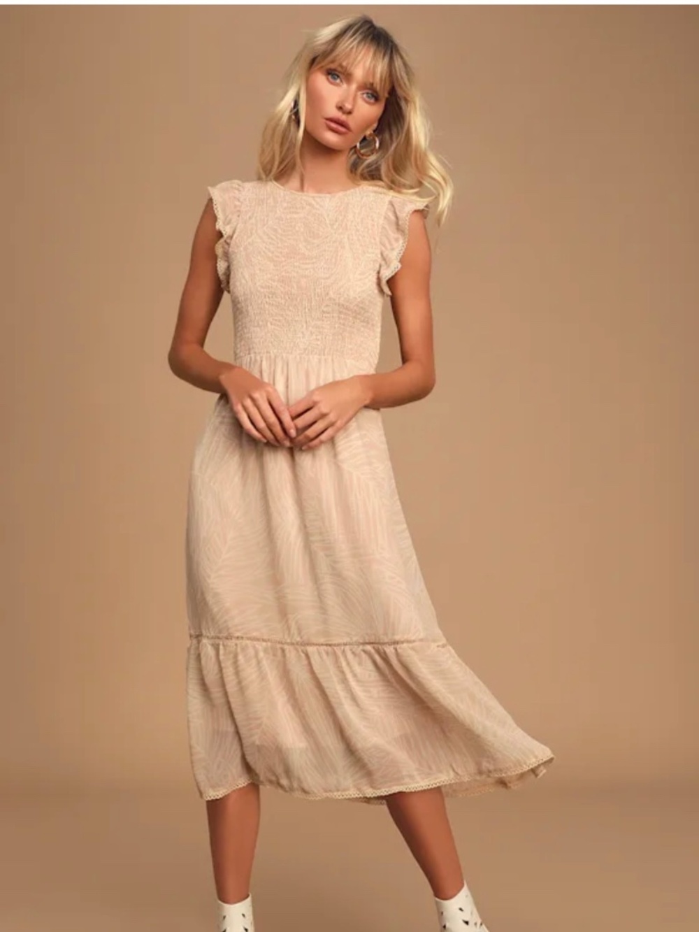 Lost + Wander Tan and White Midi Dress